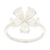Elegant white moissanite sterling silver ring with a floral design featuring sparkling gemstones.